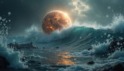 Gigantic planetoid looms over stormy ocean waves crashing near city island. Cataclysmic flood engulfs urban area. Climate change concept, global disaster.