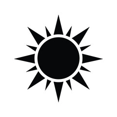 Black sun icon with sharp pointed rays on white background symbol