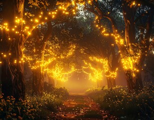Mystical forest path lined with trees wrapped in glowing, warm lights, leading into soft, ethereal fog