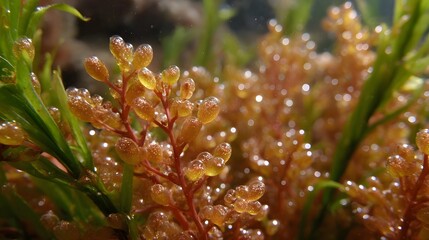 ro view of vibrant underwater aquatic plants showcasing detailed algae branches adorned with tiny clear bubbles in natural light