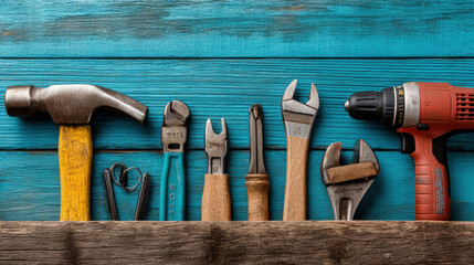Tools background with various workshop instruments arranged neatly