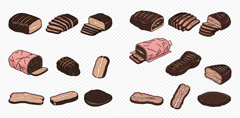 Set of various meat products in isometric view, including sliced and whole pieces.
