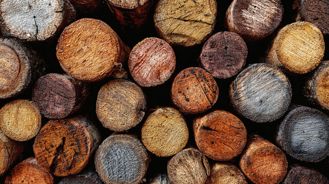 A close-up shot of neatly stacked logs, showcasing the textures and colors of the wood. The end-grain patterns offer an interesting visual