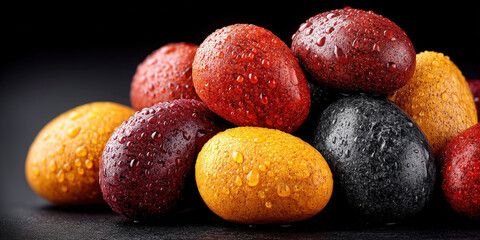 Wet stones glistening in low light sauna and spa background