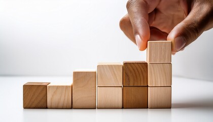 hands arranging wooden blocks in line on white background symbolizing business strategy