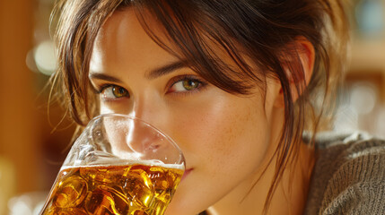 Woman drinking beer from a pint glass
