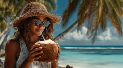 Woman drinking through a straw from a coconut