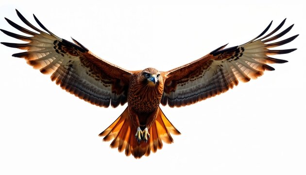 Red tailed hawk with wings spread flies forward. Bird of prey shows sharp talons and eyes. This animal is a predator in the sky. Its feathers show brown and white patterns.