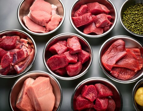 raw beef cuts arranged in bowls create visually appealing meal plan for dog in this image