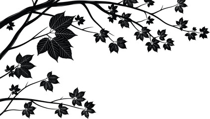 Decorative black tree branches and leaves silhouette design element, autumn or spring foliage, natural corner border, elegant floral composition, organic background banner.