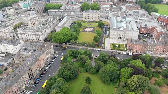 Aerial view of the National Gallery and Leinster House, the Government Building in Dublin, Ireland.