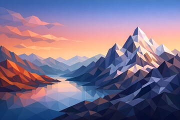 Digital polygon landscape with low ploy mountain and sky gradient 
