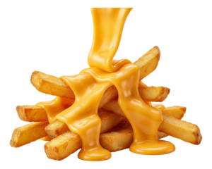 Ribbons of melted cheddar cheese draped over a stack of crispy fries.