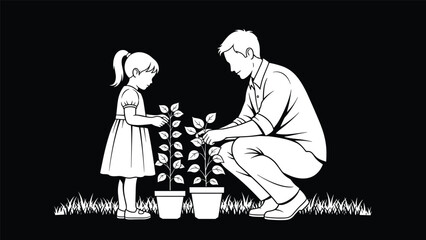 Father and Daughter Planting Potted Plants Together, Illustrating Parent Child Bonding, Family Care, Nature Education, and Horticulture Activity in White Outline