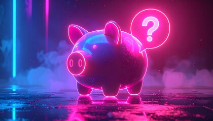Neon-lit pink piggy bank with a question mark speech bubble against a smoky, futuristic blue and pink background