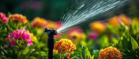 Garden sprinkler watering colorful flowers