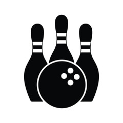 Black bowling ball and pins icon on white background sport game