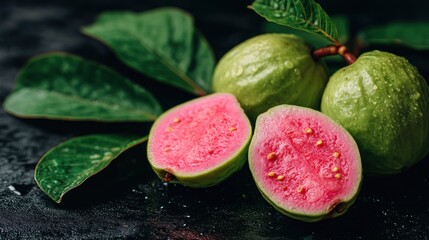 Guava fruit close up with leaves