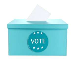 A turquoise ballot box with a paper being inserted, featuring a "VOTE" emblem