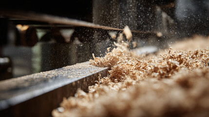 A close-up shot of a machine, actively milling a piece of wood, creating a shower of wood shavings