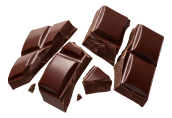 Chocolate bar broken into jagged pieces, revealing a glossy interior.