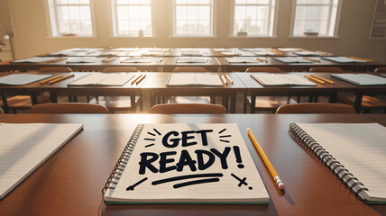 Get ready text "GET READY!" on notebook in empty classroom with pencils and desks
