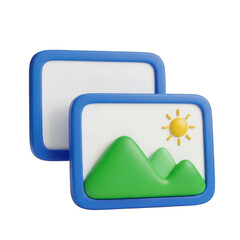 Two 3d cartoon image frames with landscape isolated on transparent background