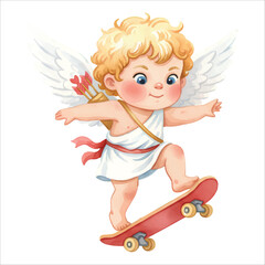 Cute Cupid Angel Skateboarding Trick Watercolor Vector Illustration Isolated on White Background
