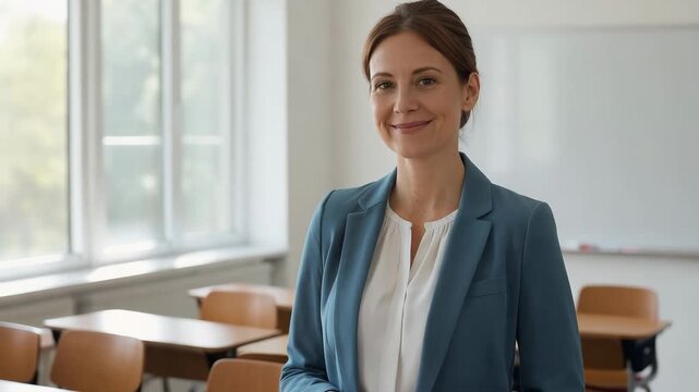Confident smiling female teacher standing in classroom