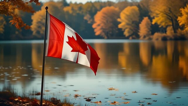 Canadian flag with autumn forest and lake reflection in serene seasonal landscape