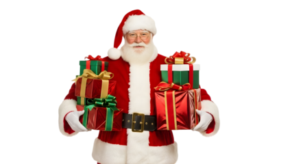 Santa claus isolated on transparent background with colorful presents