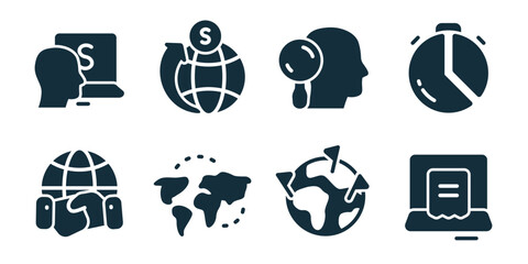 Global communication and online services excellent icon collection. Set of voice assistant, global payment, listening profile, time management, global headset, world map