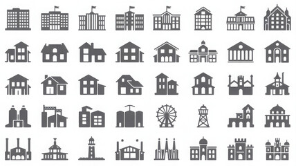 Collection of gray building and house icons on white background