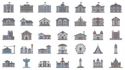 Collection of various cartoon buildings and structures on white background