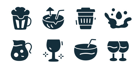Drinks and beverages excellent icon collection. Set of beer mug, juice bowl, takeaway cup, liquid splash, pitcher, wine glass, smoothie bowl, and glasses icons