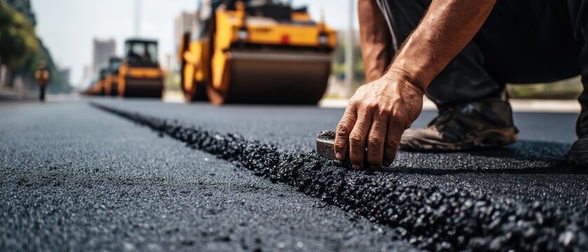 Worker finishing asphalt road construction