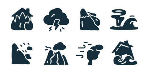 Natural disaster and extreme weather excellent icon collection. Set of burning house, thunderstorm cloud, landslide, tornado, rockfall, volcanic eruption, strong wind, and flooded house icons