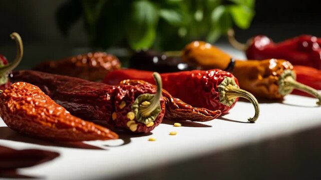 Close-up of red chili peppers and garlic on a white surface