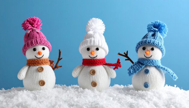 little knitted snowmans on soft snow on blue background concept