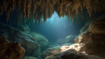 Fototapeta premium A detailed underwater cavern with light rays illuminating submerged stalactites and rock formations
