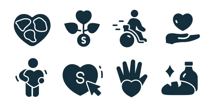 Charity and donation excellent icon collection. Set of heart care, donation plant, wheelchair help, hand heart, person with heart, online click, kindness hand, food
