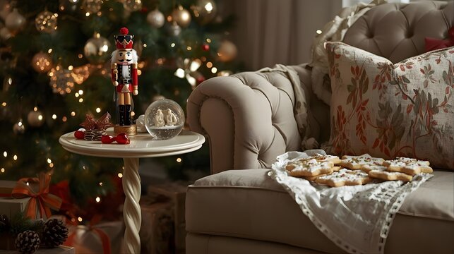 Cozy christmas scene with nutcracker, cookies and decorated tree - Powered by Adobe