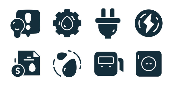 Public utilities excellent icon collection. Set of warning notice, energy gear, power plug, lightning symbol, billing document, resource drop, smart meter, utility control icons