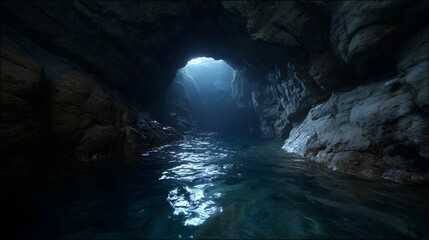 A serene sea cave passage with gentle water flowing inwards illuminated by soft light from the entrance