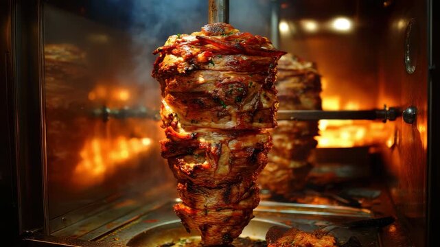 Shawarma Meat Cooking on a Vertical Rotisserie with Glowing Heat and Drips of Fat in Warm Tones