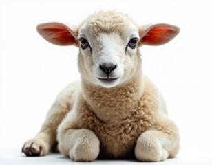 Fototapeta premium Cute baby sheep rests on clean white background. Adorable young lamb looks at camera with gentle eyes. Domestic animal portrait for farm or holiday themes. Healthy farm animal.
