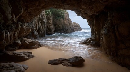 View from inside a rocky sea cave overlooking a sandy beach and the ocean waves