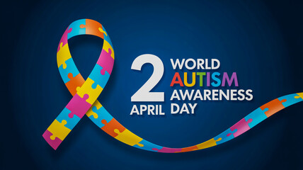 World autism awareness day 2nd april colorful puzzle ribbon blue background