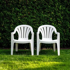 Two identical white plastic garden chairs face each other in a grassy lawn, a dark green hedge behind them