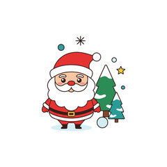 A cute cartoon illustration of Santa Claus standing next to Christmas trees with snowflakes and a star.